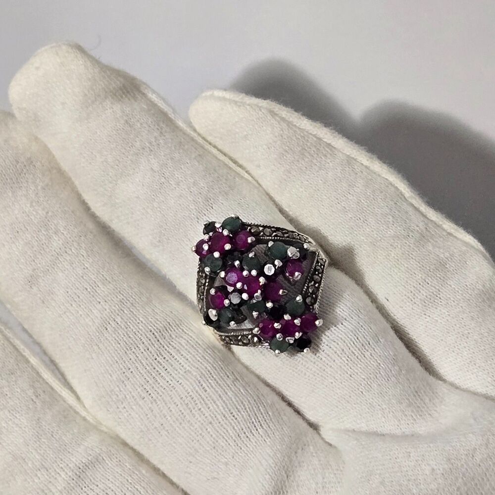 Estate 925 Sterling Silver Statement Ring Tested Ruby Emerald Marcasite 9g Sz 10